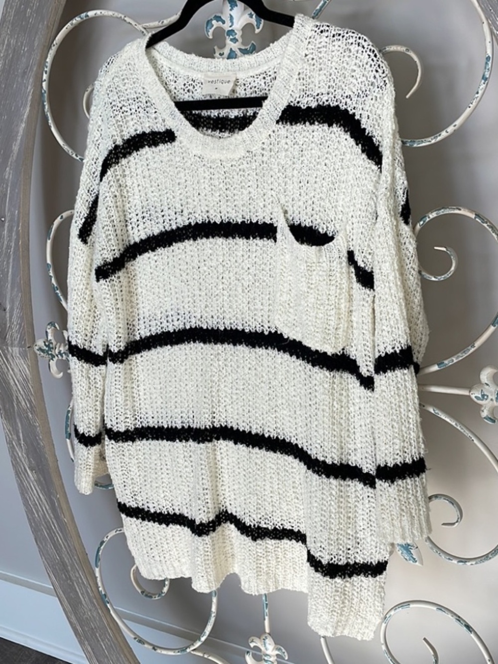 vestique White & Black Striped Open-Weave Tunic